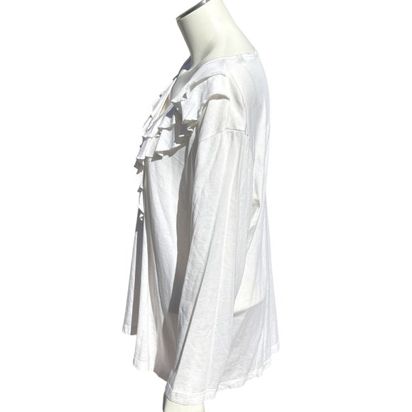 Chicos Long Sleeve Ruffled Henley Beige Button Front Blouse Elegant Feminine SZ3 - Picture 2 of 7